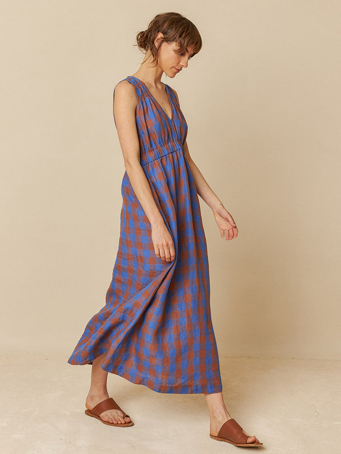 Indi & Cold Cotton Linen Blue Check Dress